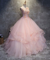 Pink Round Neck Tulle Lace Long Semi Formal Prom Dress, Lace Semi Formal Prom Dress